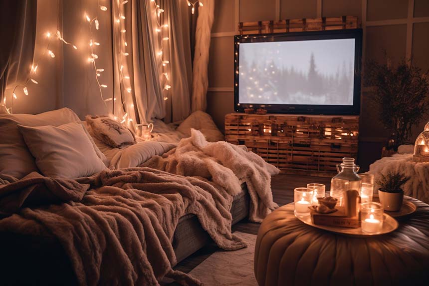 A warmly lit living room features a cozy setup with soft blankets, glowing candles, string lights, and a large TV screen.