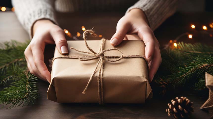 Hands carefully holding a gift box wrapped in brown paper and tied with twine, placed on a wooden table with festive pine branches and soft string lights.