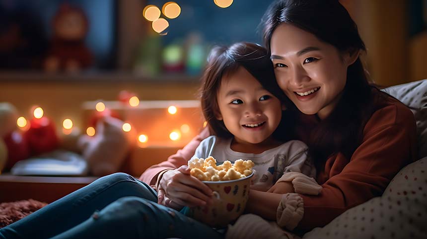 A mother and child cuddle on a couch with a bowl of popcorn, surrounded by soft, glowing string lights in a cozy room.