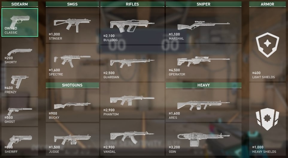 Valorant buy menu for weapons and armor