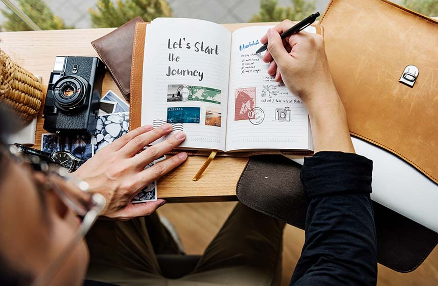 flat lay of a travel journal open to a page titled "Let's Start the Journey," with a camera, leather bag, and mementos on a wooden desk.